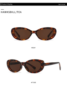 Detail view of tortoiseshell oval sunglasses with tea lenses from front and side angles