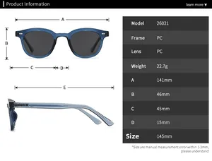 Tableau des tailles détaillé pour lunettes de soleil rondes avec mesures précises