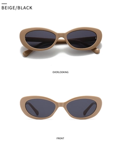 Detailed views of beige oval sunglasses with dark lenses from front and top angles