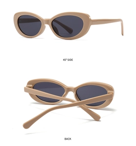 Detailed views of vintage oval sunglasses in khaki showing 45-degree and back angles