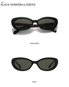 Detail view of oval retro sunglasses with black frames and hawksbill tortoise temples