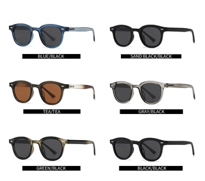 Détail de lunettes de soleil rondes polarisées en six coloris avec rivets métalliques