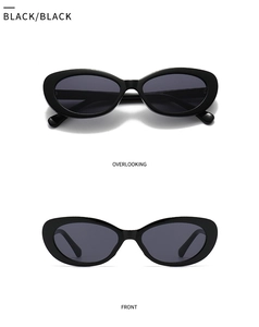 Front and top view of modern vintage oval sunglasses in all black minimalist style