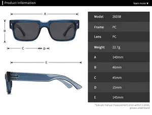 Detailed sizing chart and specifications for polarized square frame sunglasses