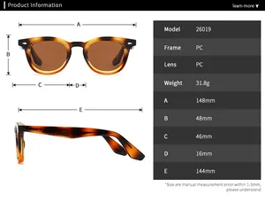 Size chart for classic round polarized sunglasses featuring precise frame measurements