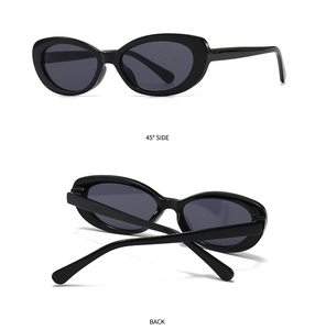Detail view of black oval retro sunglasses showing 45-degree side and back perspectives