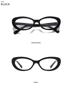 Front and top view of retro black cat-eye sunglasses with glossy thick resin frames
