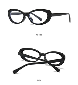 Detailed 45-degree side and back view of retro black cat-eye thick frame sunglasses