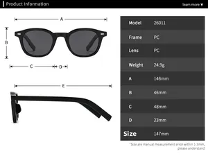 Detailed size chart for round polar sunglasses showing frame dimensions and specifications