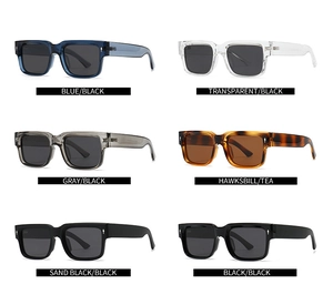 Six assorted polarized square sunglasses in a 2x3 matrix display with metal hinges