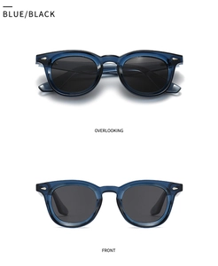 Detailed front and top view of blue translucent round sunglasses with dark lenses