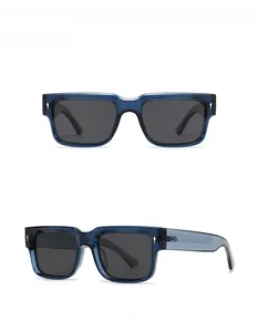 Front and side view of square polarized sunglasses with blue frames and silver rivets