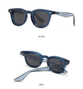 Polarized sunglasses with dark blue frame and gray lenses showing 45-degree side and back view