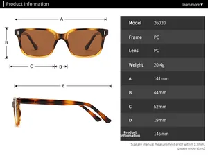 Size chart and dimensions for square polarized sunglasses with PC frame measurements