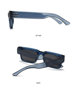 Side and back view of translucent blue square polarized sunglasses with wide temples