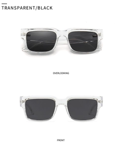 Detailed front and top views of square polarized sunglasses with transparent frames