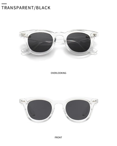 Front and top view of polarized round sunglasses with transparent frames and black lenses