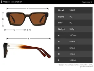 Detailed size chart for square polarized sunglasses with precise frame measurements