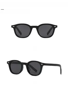 Front and 45-degree side views of black round frame polarized sunglasses with silver rivets