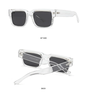 Detail view of transparent square polarized sunglasses showing model P58038 and CE mark