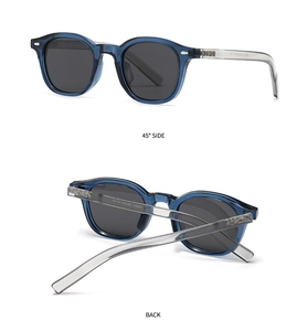 Detail view of transparent blue TR90 polarized sunglasses showing hinges and frame specs