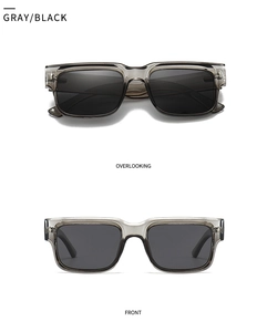 Front and top view of unisex square polarized sunglasses with grey black gradient frames