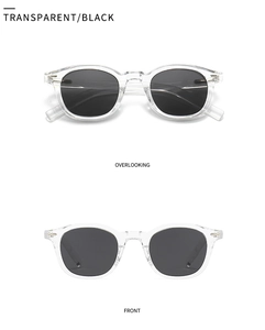 Close-up of polarized round-frame sunglasses with transparent frames and dark lenses