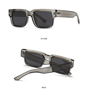 Detail view of square smoke gray acetate sunglasses with durable silver metal hinges