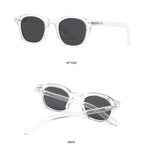 Detail view of transparent round polarized sunglasses showing back and 45-degree side angles