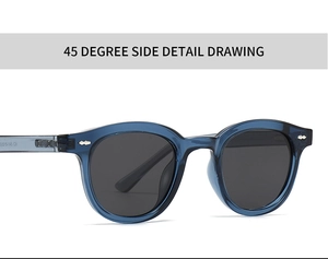 Vue latérale détaillée à 45 degrés de lunettes de soleil rondes bleues avec rivets argent