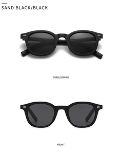 Detailed front and top views of sand black polarized sunglasses with silver rivets
