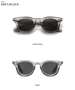 Polarized sunglasses with grey translucent frames shown in top and front views