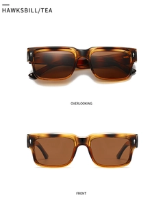 Front and top view of vintage tortoiseshell square sunglasses with tea lenses and silver rivets