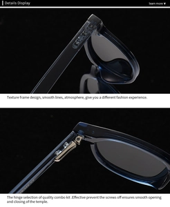 Détail de lunettes de soleil bleu translucide avec charnières en métal et cadre moderne