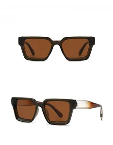 Front and 45-degree side views of retro square polarized sunglasses in translucent tea color