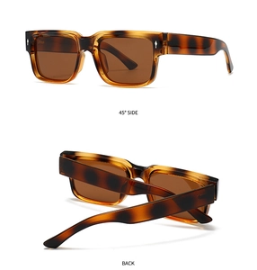 Detail view of tortoiseshell square sunglasses with polarized lenses and metal studs