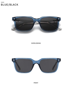 Detail of classic blue translucent rectangular polarized sunglasses with black lenses