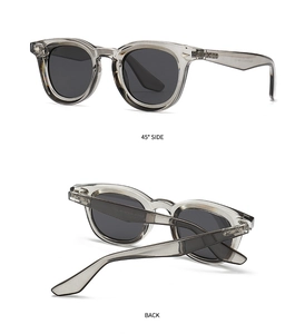 Detailed views of transparent gray round sunglasses showing 45-degree side and back angles