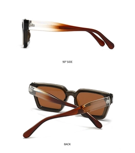 Detailed views of gradient amber square polarized sunglasses from 90-degree side and back