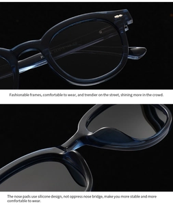 Détail de la monture ronde bleu foncé polarisée avec plaquettes de nez et dimensions