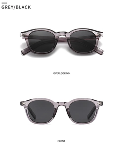 Front and top view of retro round polarized sunglasses with translucent grey frames
