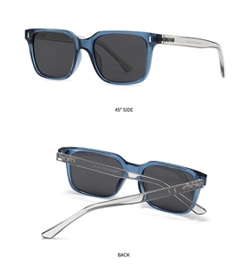 Detail view of square polarized sunglasses showing the 45-degree side and back structure