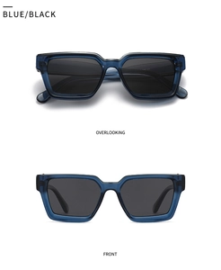 Detail of blue polarized square sunglasses with translucent frames and dark lenses