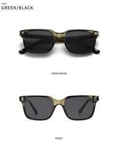 Detail view of retro square green translucent frames with dark polarized lenses