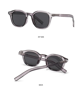 Detail view showing 45-degree side and back of round polarized sunglasses with silver rivets
