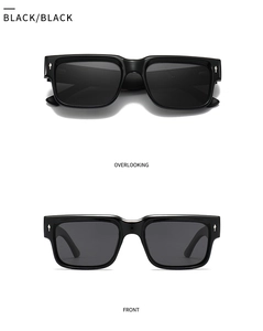 Front and top view of square polarized sunglasses with silver spearhead rivets on black frame
