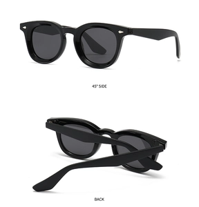 Detailed side and back views of black round polarized sunglasses with silver arrow studs