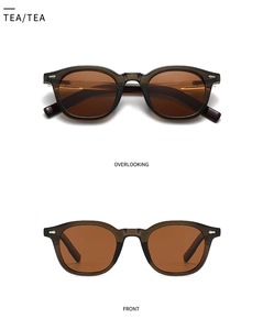 Detail view of round polarize retro sunglasses with tea lenses and translucent frames