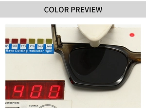 Polarized square sunglasses lens blocking UV rays shown on professional testing device