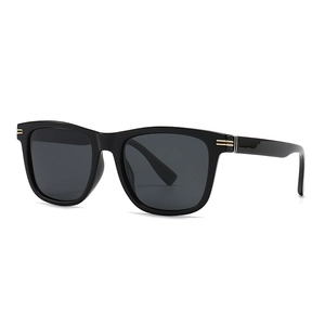 Modern retro square polarized sunglasses with black frame and golden metal accents